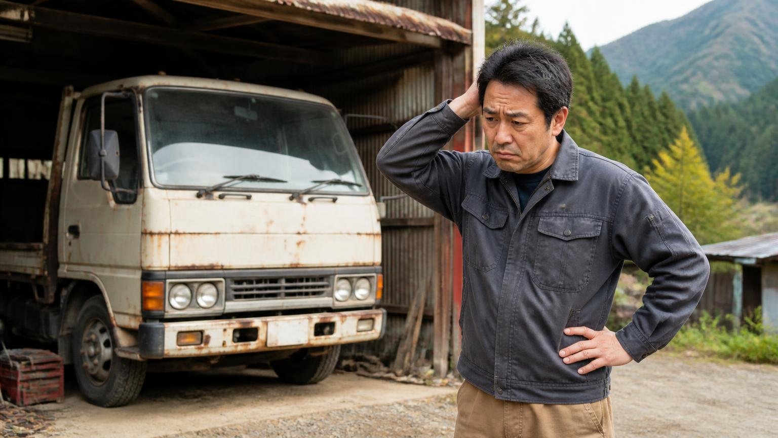 向いていない人|拠点から遠い・現金化を急ぐ・比べる相手がいない人 山あいの車庫で動かないトラックの前に立つ困り顔の男性1人