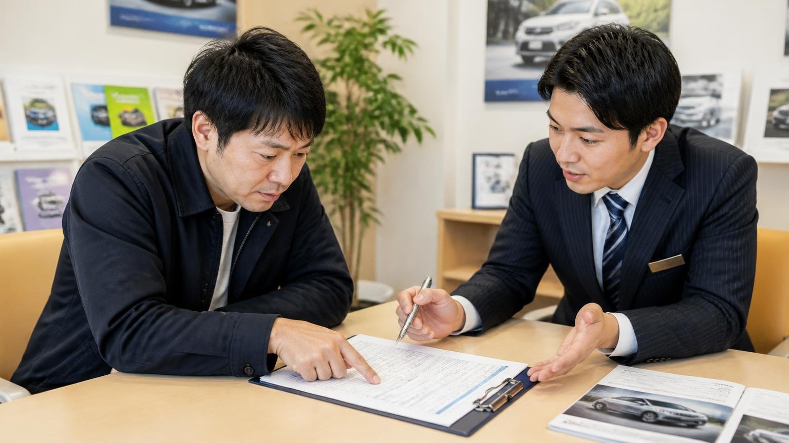 見積もりをもらったら確認したい5項目。営業所の商談席で見積書を指さす男性客1人と説明するスタッフ1人が真剣に向き合う