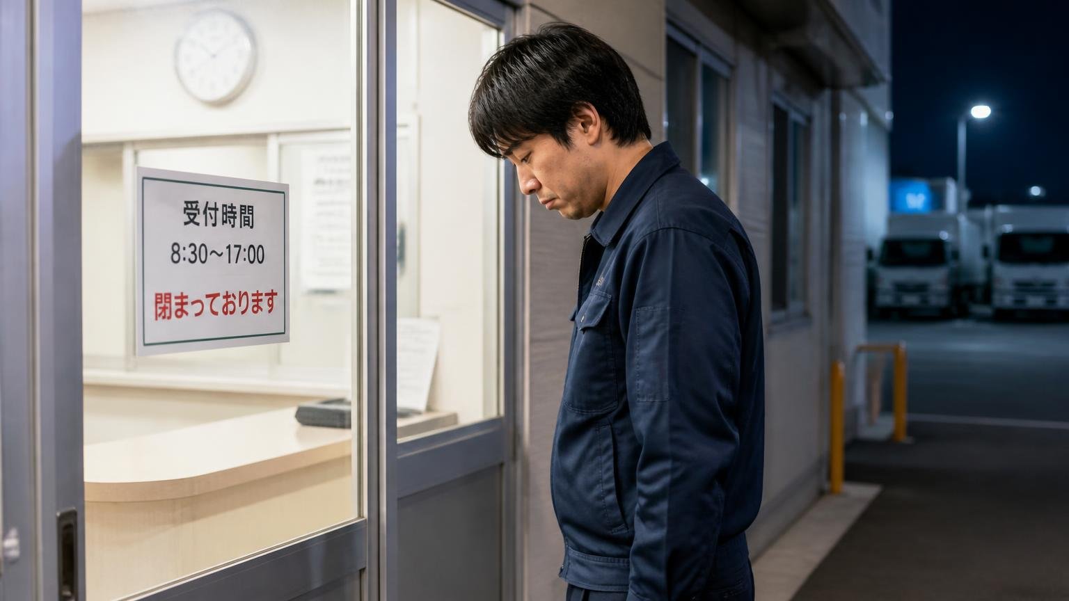 ウシトラが向いていない人 夜の営業所 男性1人 閉まった受付時間の表示を見て肩を落とす