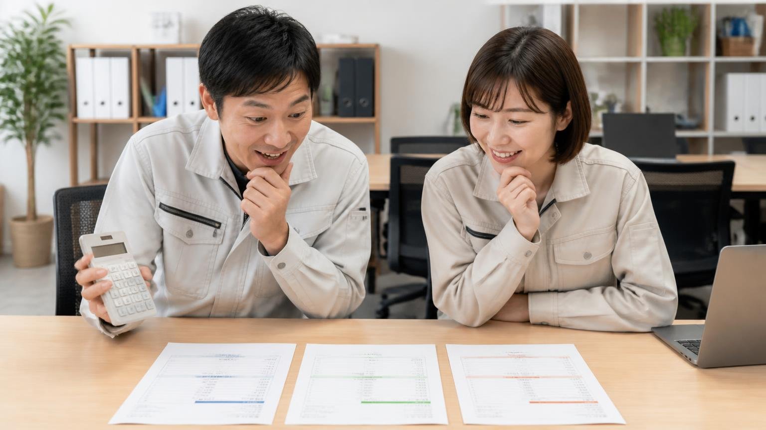 見積書を2〜3社ぶん横に並べる 事務所の机に見積書を3枚並べ、電卓を持つ男性1人と女性1人が笑顔で見比べている