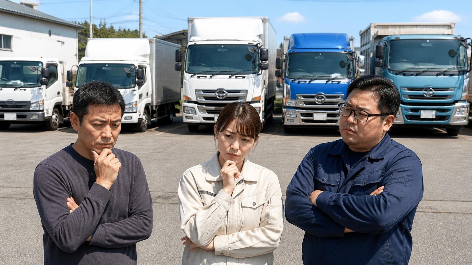 向いていない人|県外・出張費無料を求める・先に相場を知りたい・複数台を一括で手放したい、広い駐車場に並んだ5台のトラックを前に腕を組む男性2人と女性1人