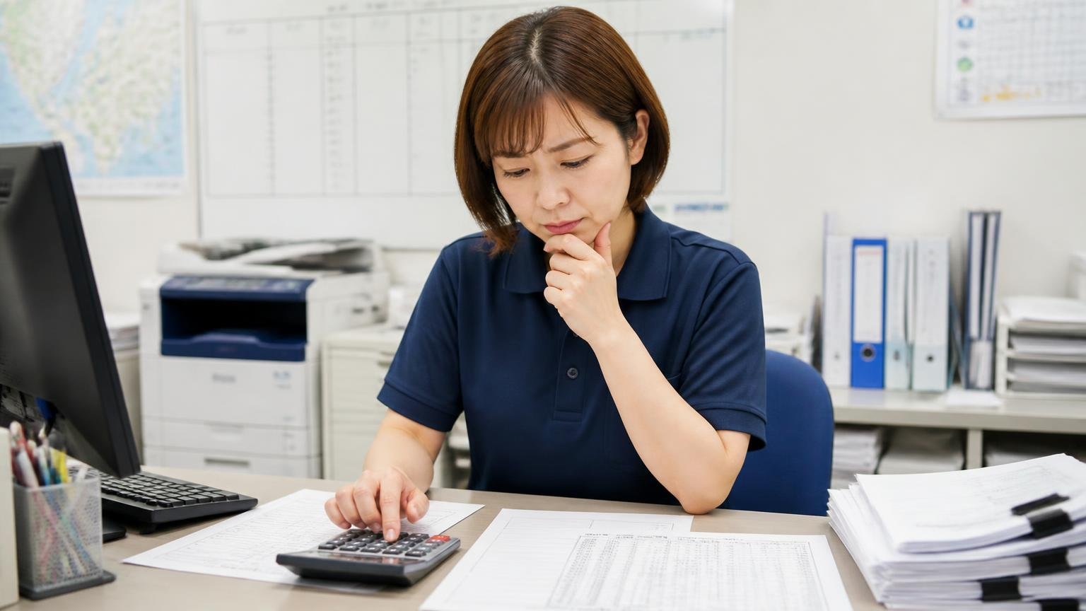 自賠責・自動車税・リサイクル預託金が代金に含まれるか。運送会社の事務所で見積書の内訳を電卓で確かめる事務担当の女性1人