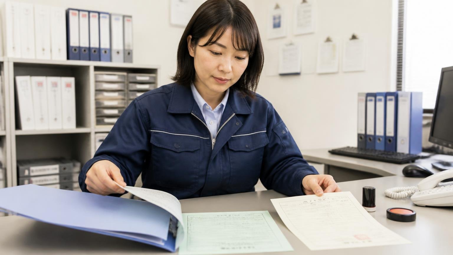 売却に必要な書類を準備、運送会社の事務所の机で車検証と印鑑証明書をファイルから取り出して並べる事務担当の女性1人