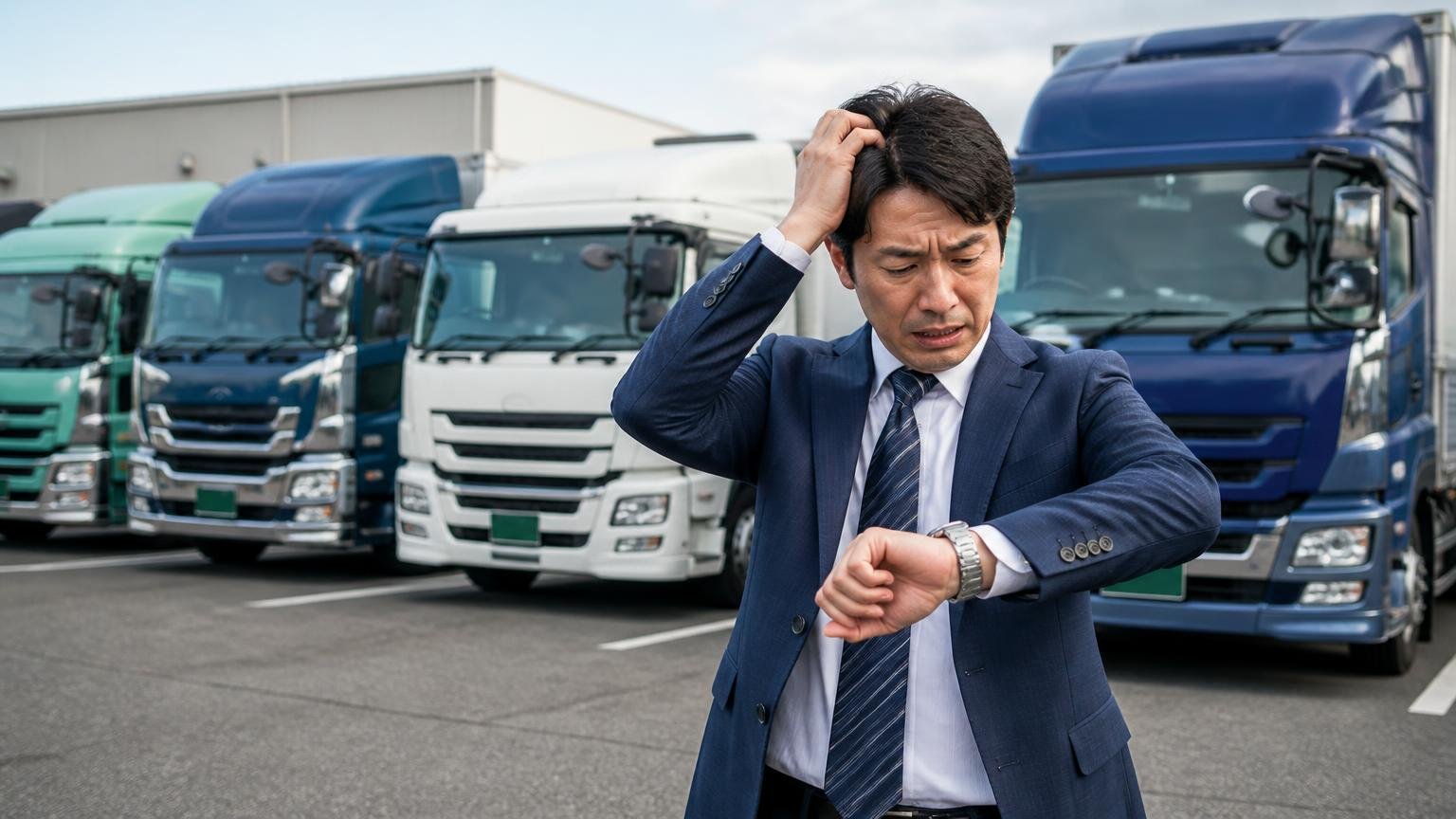 向いていない人。出張査定・即日現金化・全国拠点を確実にしたい。遠方の営業所の駐車場で複数台の大型トラックを前に腕時計を見て焦る経営者1人