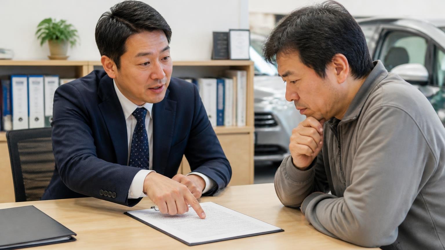 ②キャンセル条項と入金日｜中古車売却の契約にクーリング・オフは使えない 事務所で契約書の条項を指さす査定士1人と読み込む依頼主1人