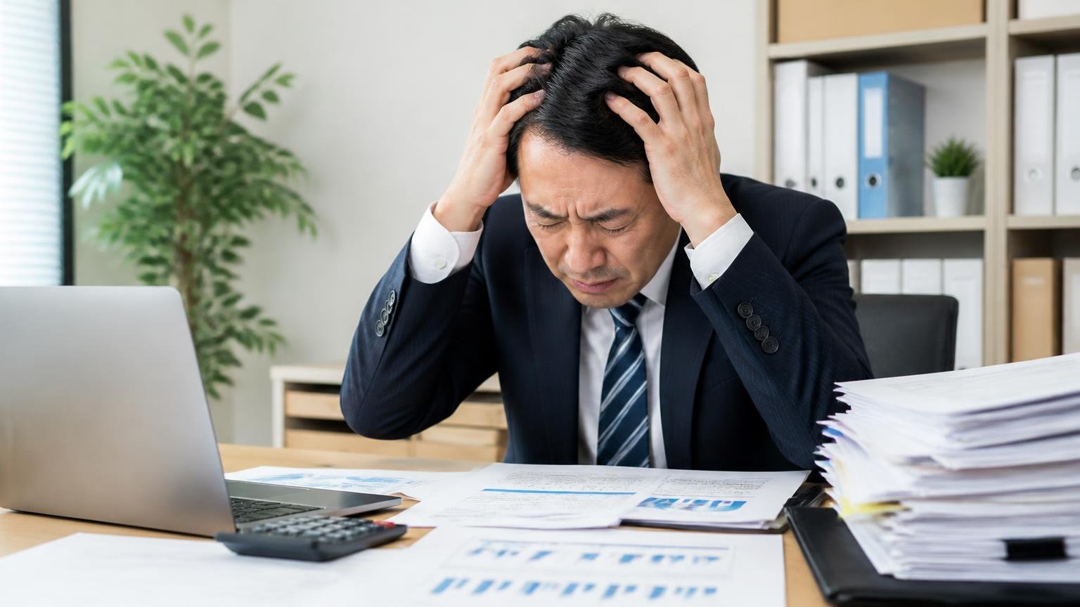 比べる相手がいない人、急ぎで現金化したい人|資金繰りの書類を前に事務所で頭を抱える40代男性1人