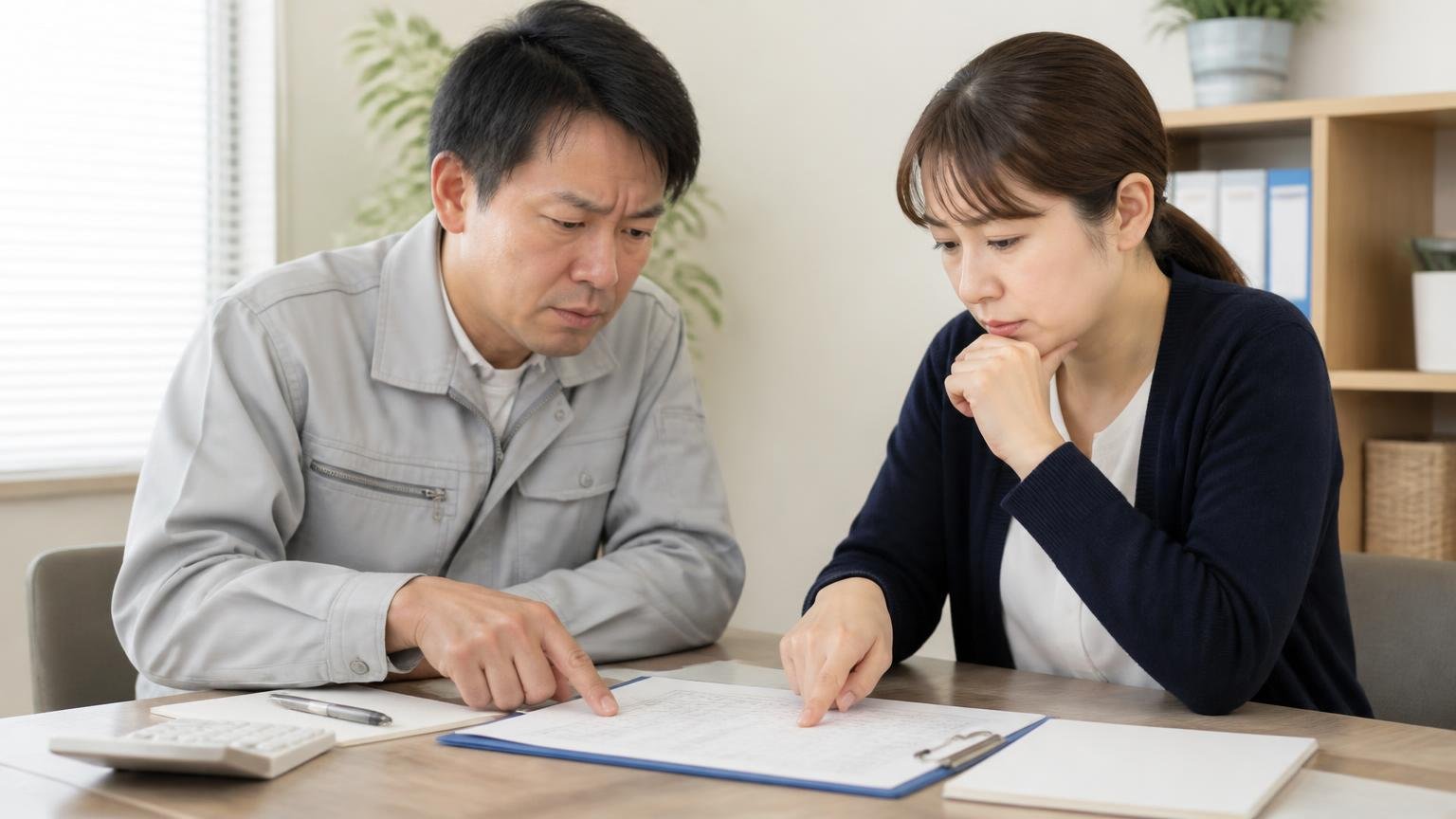 契約書にハンコを押す前に読む場所、事務所のテーブルで男女2人が見積書を指差し真剣に確認する場面