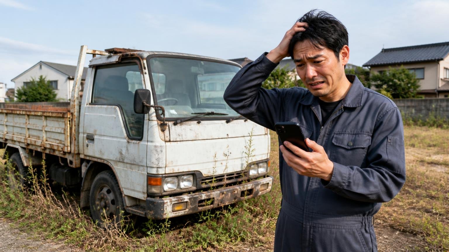 向いていない人|県外・離島、不動車・低年式、急いで現金化したい人 雑草の生えた空き地で動かない古い2tトラックの前に立ち困り顔でスマホを見る個人事業主1人