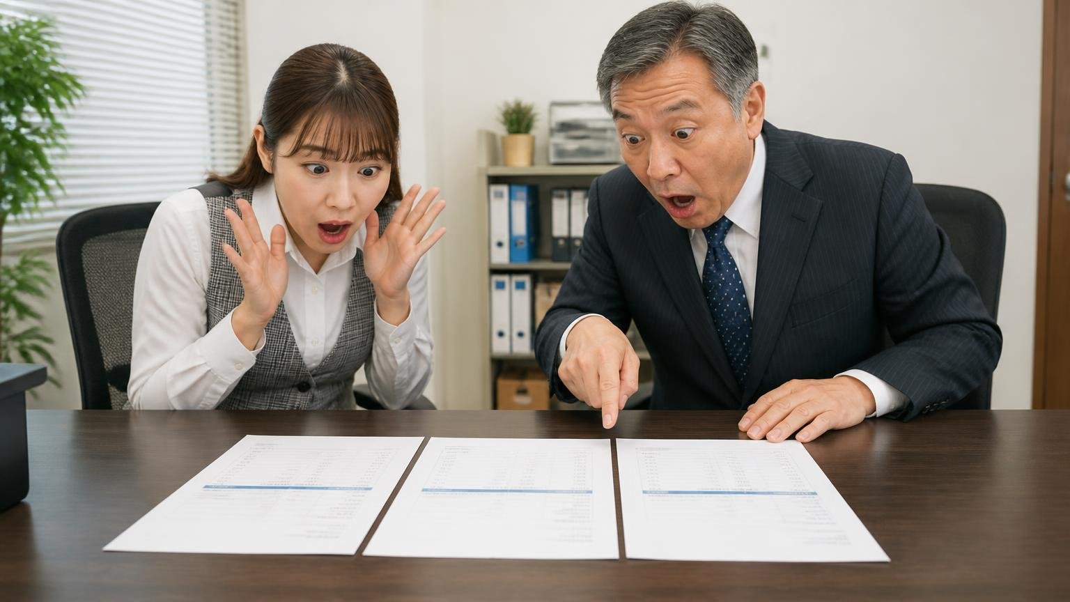 1社目の金額だけで決めてしまう 事務所の机に並べた3社の見積書を見比べ、金額の差に目を丸くする女性事務員と社長