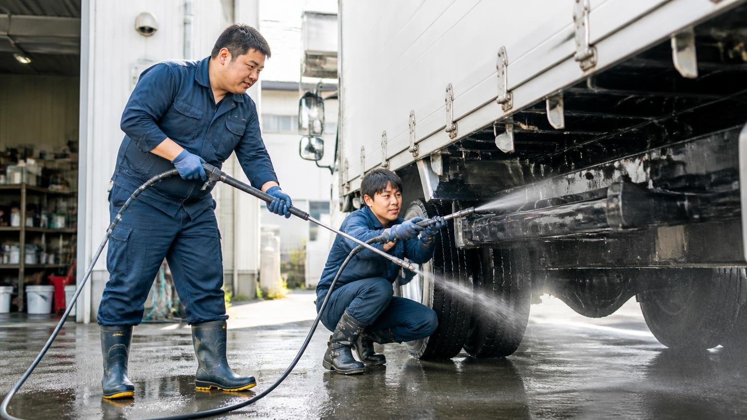 書類・整備記録・付属品をそろえ、下回りを洗っておく｜車庫の前で高圧洗浄機を使い、トラックの下回りを洗う作業着の男性2人