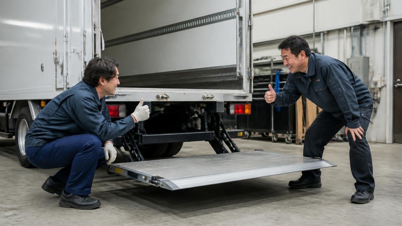 架装・装備・付属品、不具合まで正確に伝える 車庫でパワーゲート付きトラックの荷台を点検する男性2人が動作を確かめ大きくうなずく