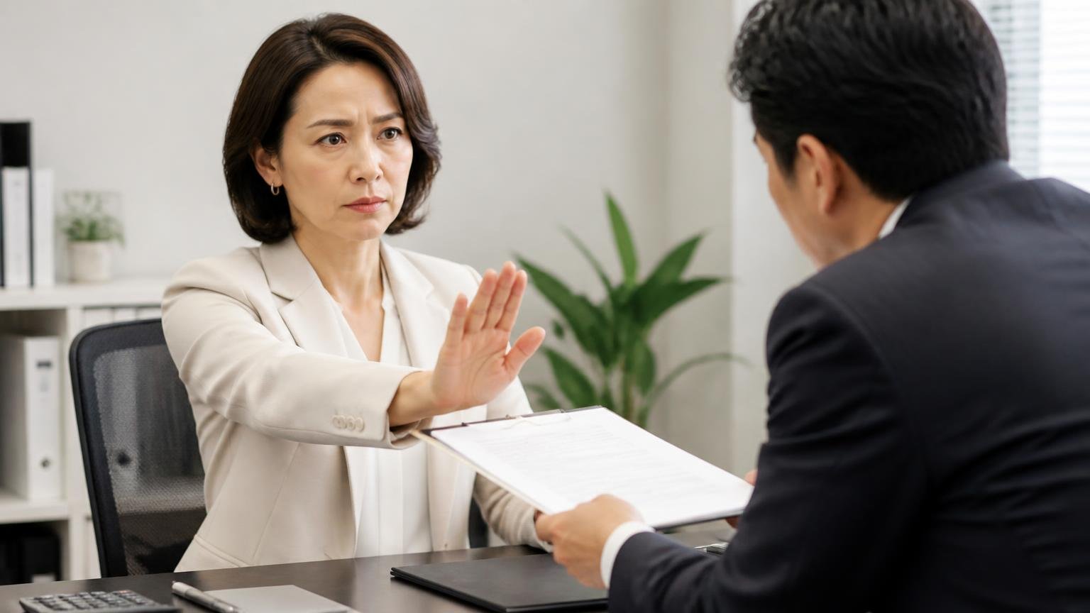 他社を断れば高く買うという即決の誘いには乗らない、事務所で差し出された契約書を手のひらで制する40代女性の毅然とした表情