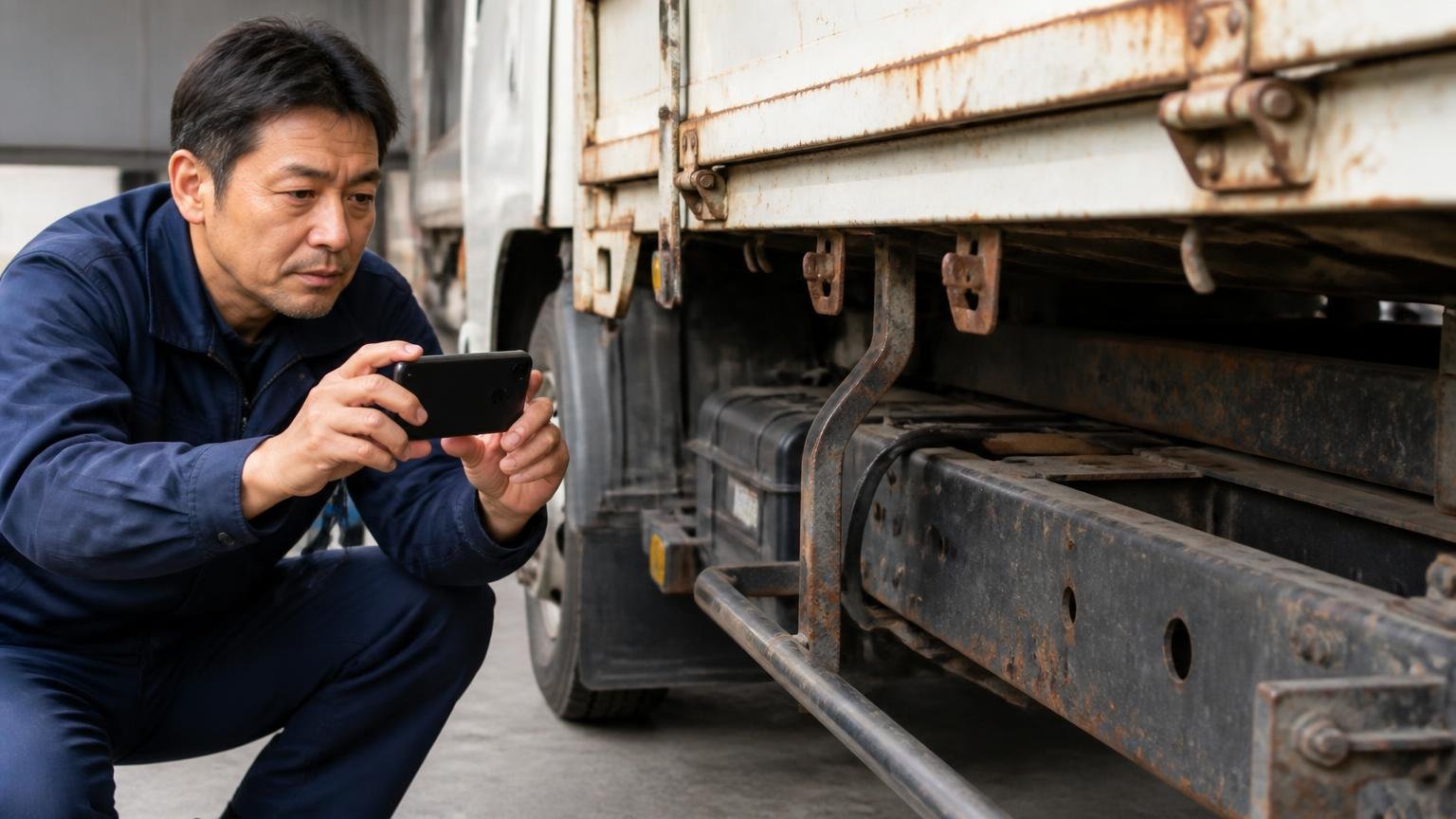 電話・写真の概算では、サビや不具合も正直に伝える|車庫でトラックの荷台とフレームをスマホで撮影する40代男性の運送業者