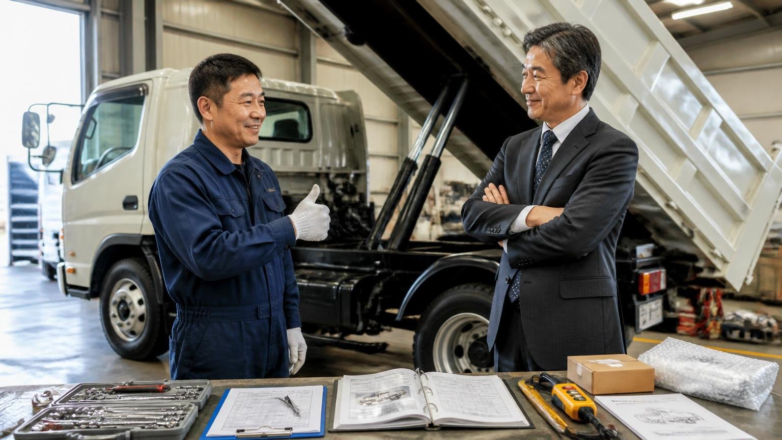 架装の動作確認と、整備記録簿・付属品をそろえる。車庫でダンプの荷台を上げて動作を確かめ満足げにうなずく整備士と社長