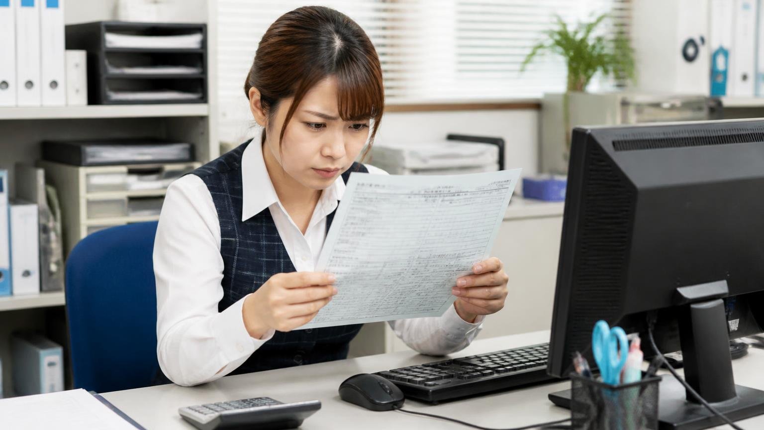 ローン中(所有権留保)のトラックは所有者欄を先に確認する:運送会社の事務所で女性事務員が車検証とパソコン画面を見比べ、眉を寄せて確認する