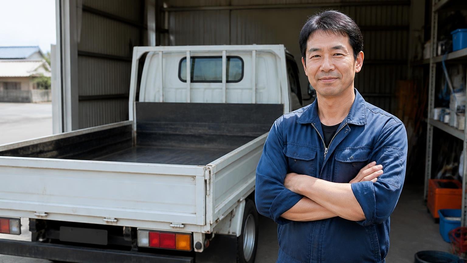 車検や修理にお金をかけず、今の状態のまま査定に出す 車庫で荷台を掃除した2tトラックの前で査定を待つ男性ドライバー