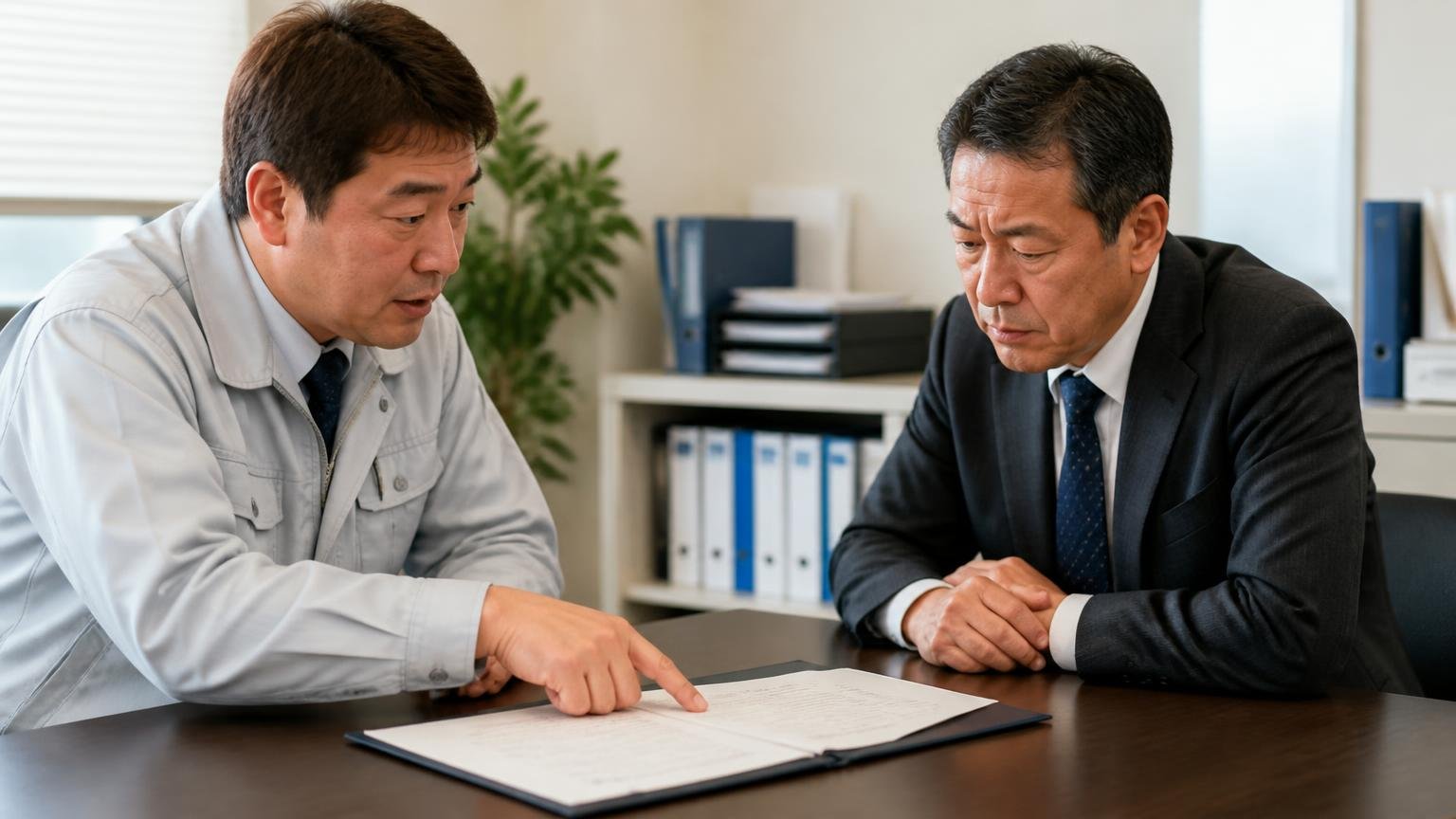 減額とキャンセルの条件は、サインする前に読む 事務所で契約書を指さして確認する運送会社の事務担当と真剣な表情の社長
