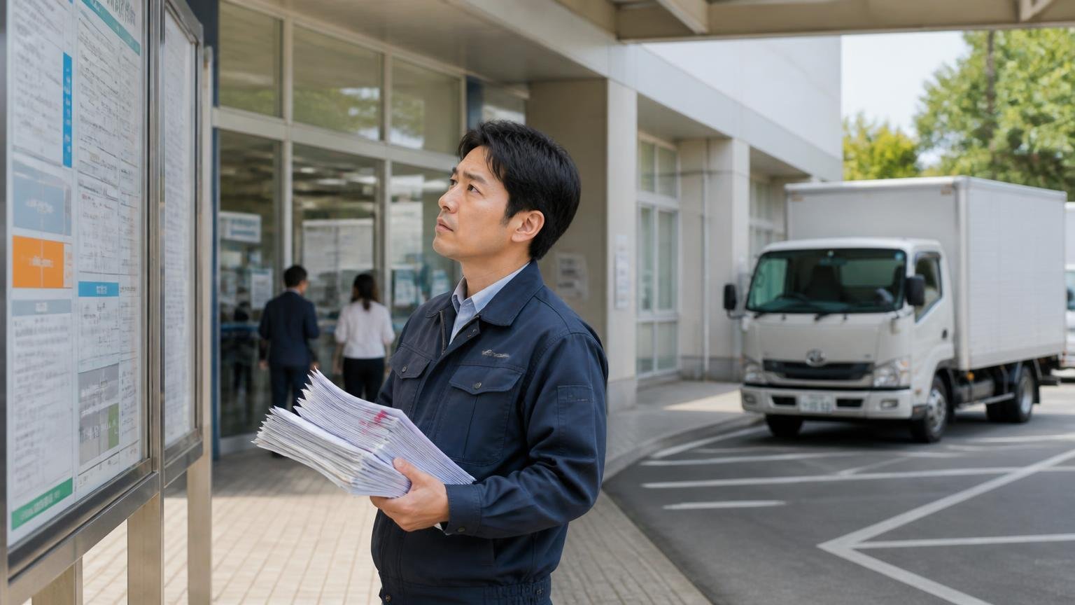 都内の名義変更の窓口はナンバーで決まる 運輸支局の窓口前で書類の束を手に案内板を見上げる買取業者のスタッフ1人 駐車場にトラック