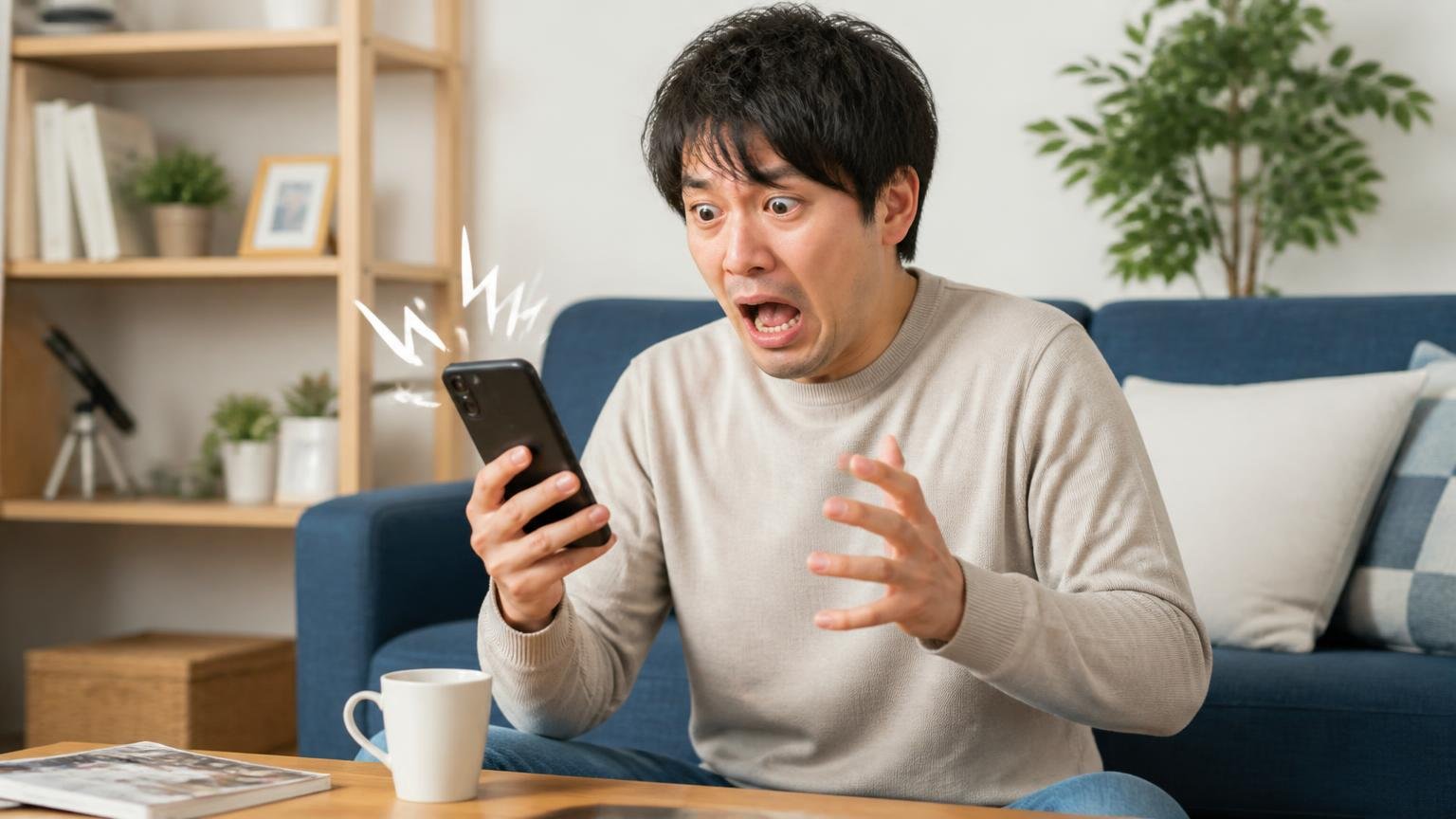 一括査定を使うなら「電話に出られる時間」に申し込む、休日の自宅リビングで鳴り続けるスマホを手に慌てる30代男性
