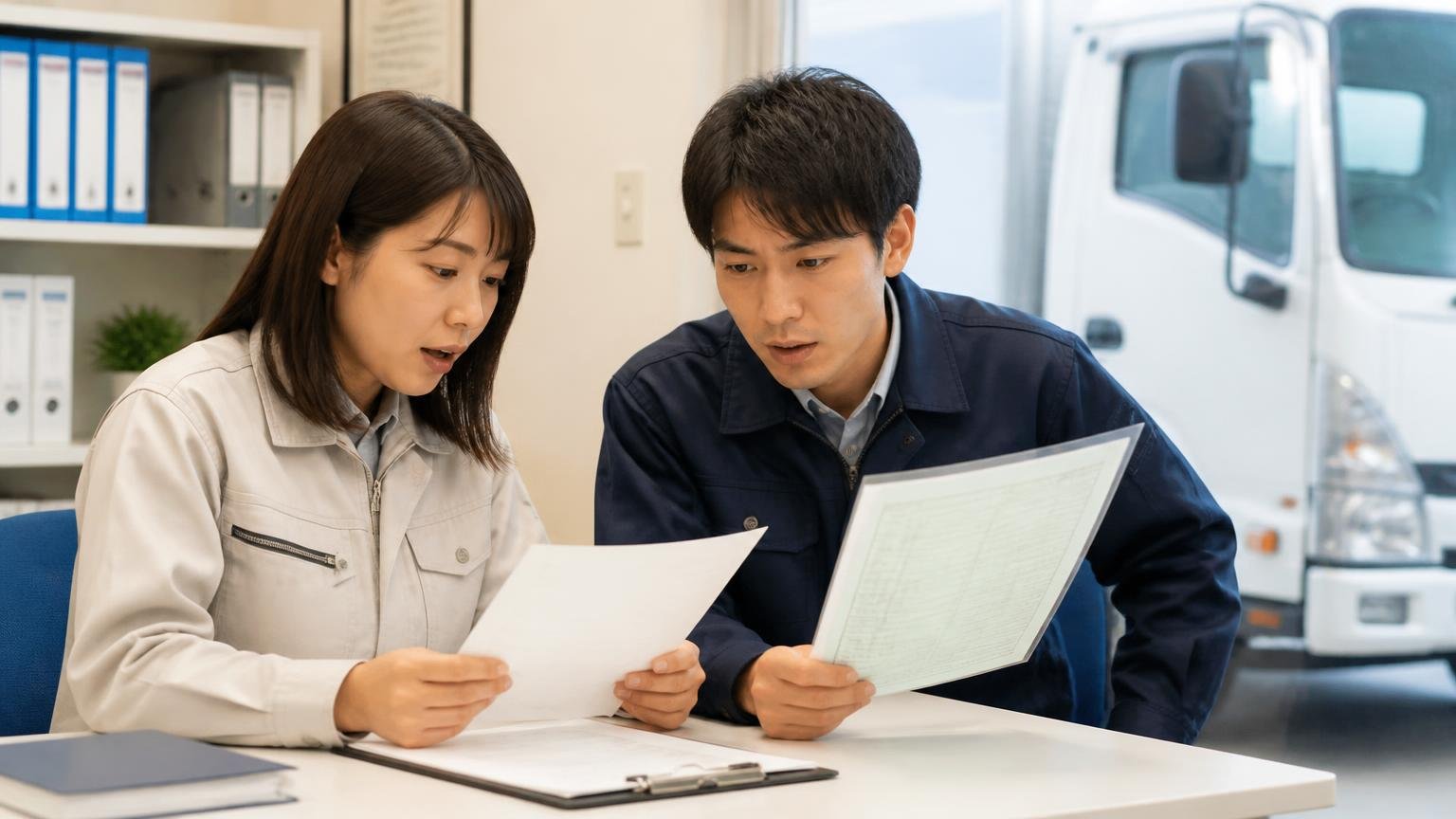 名義変更は法律で15日以内｜完了の期限を契約書に書いてもらう｜事務所でトラックの車検証と契約書を確認する男女2人