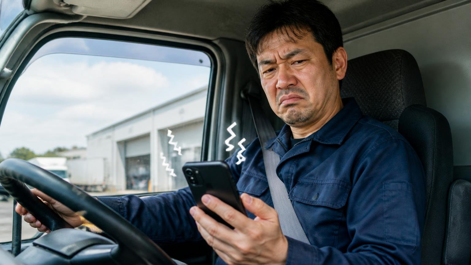 電話がしつこいは別の問題、トラックの運転席で鳴り続けるスマホを見てうんざりした表情を浮かべるドライバー
