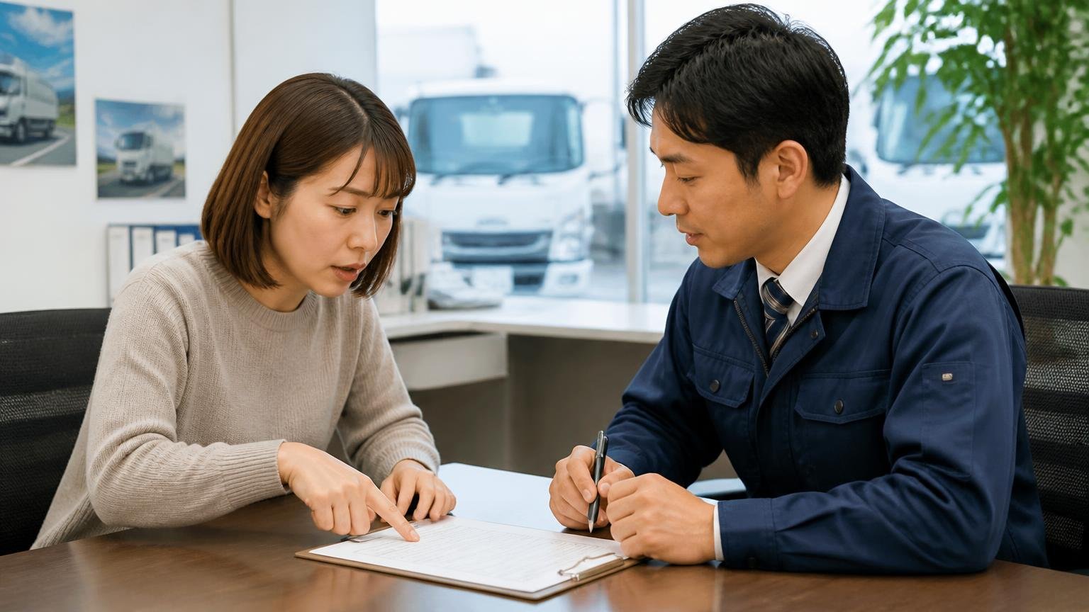 名義変更は法律で15日以内|完了の期限を契約書に書いてもらう|トラック販売店の事務所で契約書の期限欄を指さす女性1人と担当者1人