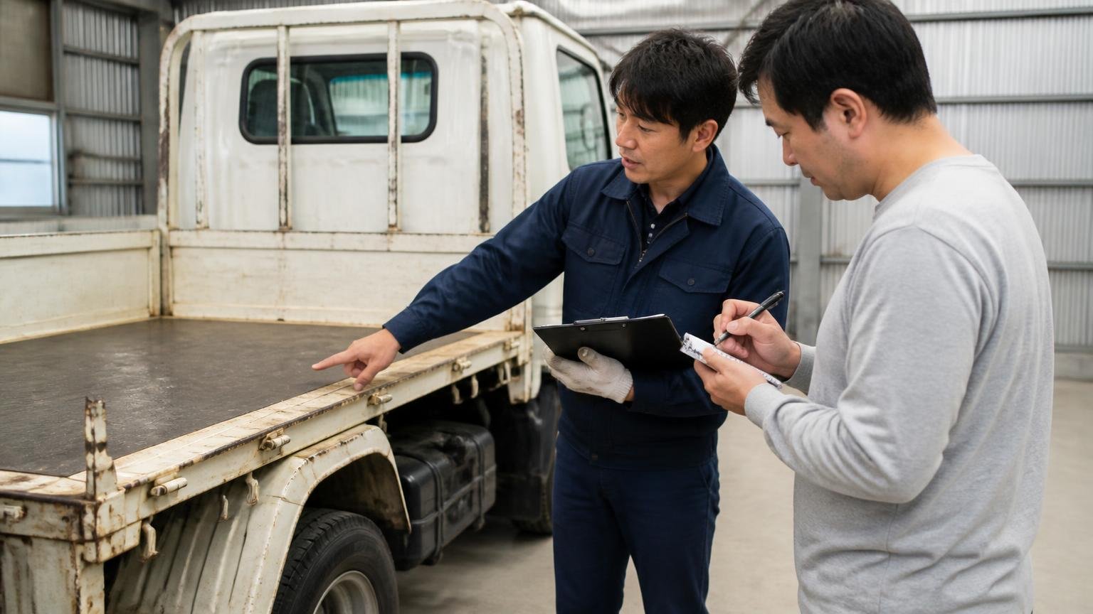 電話やLINEの概算と実車査定で下がる条件を先に聞いておく 車庫で2tトラックの荷台を査定士と一緒に確認しながらメモを取る男性