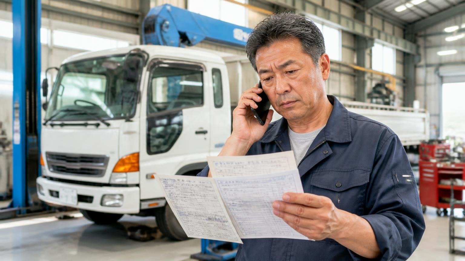 車検証・架装・整備の情報を揃えてから伝える(車庫のユニック車の前で車検証と整備記録を手に電話する50代男性1人)