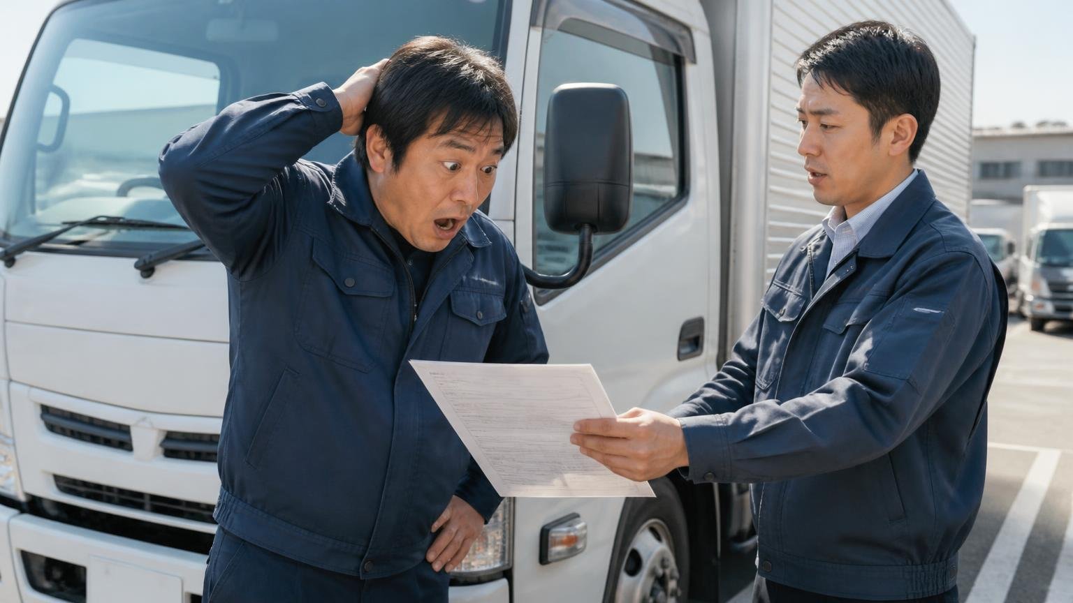 電話の概算と実車を見たあとの金額が違った|営業所の駐車場で4tトラックの横に立ち査定表を見て驚く運転手と説明する査定員の2人