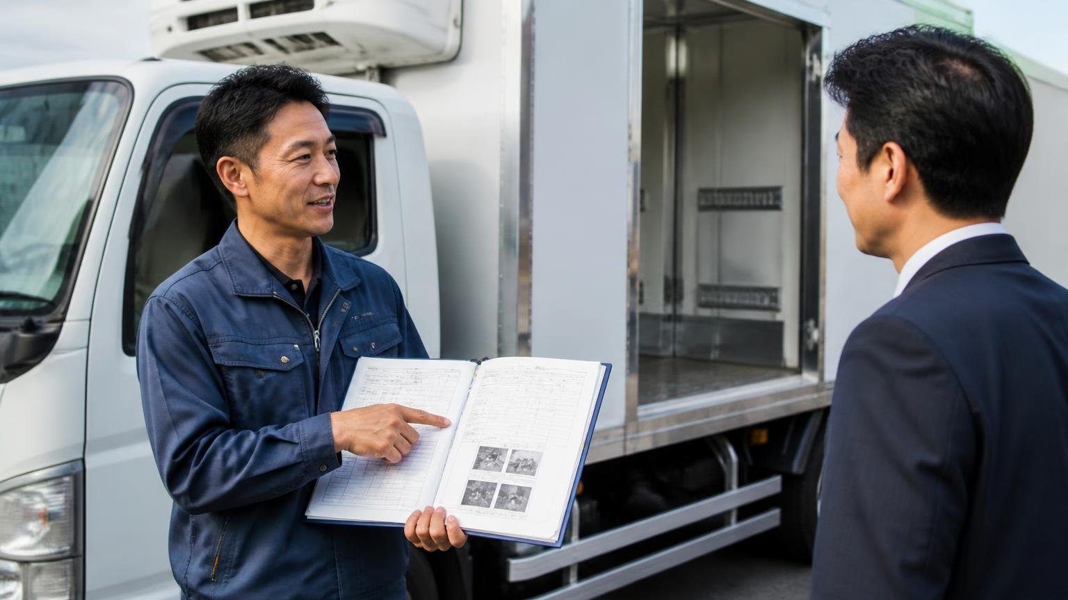 架装・装備・整備の記録を伝えて「見えない価値」を査定に乗せる 冷凍車の荷台の前で整備記録簿を見せながら査定員に説明する男性