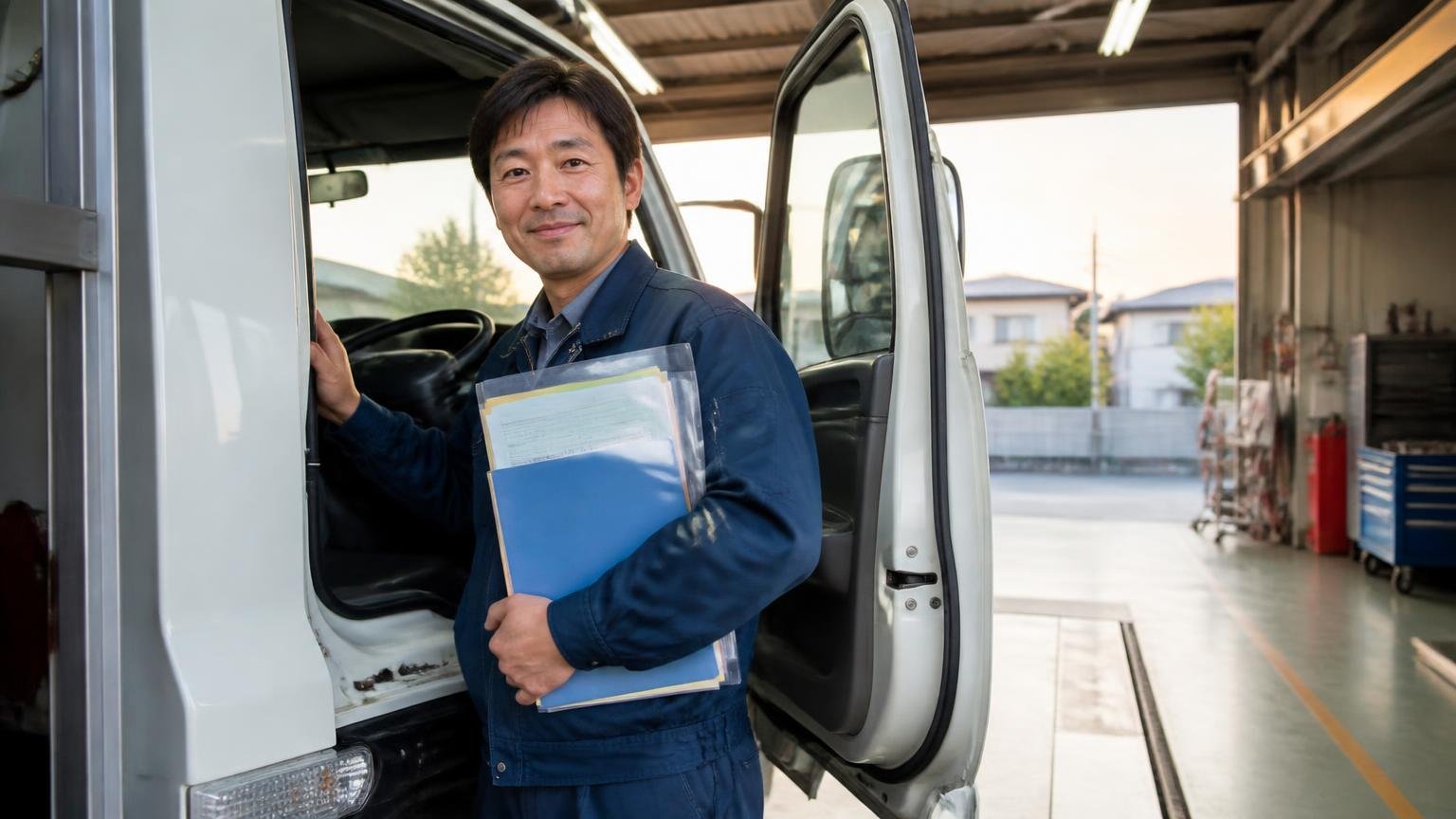 車検証と整備記録をそろえて査定を頼む、早朝の車庫で2tトラックの運転席のドアを開け書類ファイルを抱えた男性が笑顔でうなずく