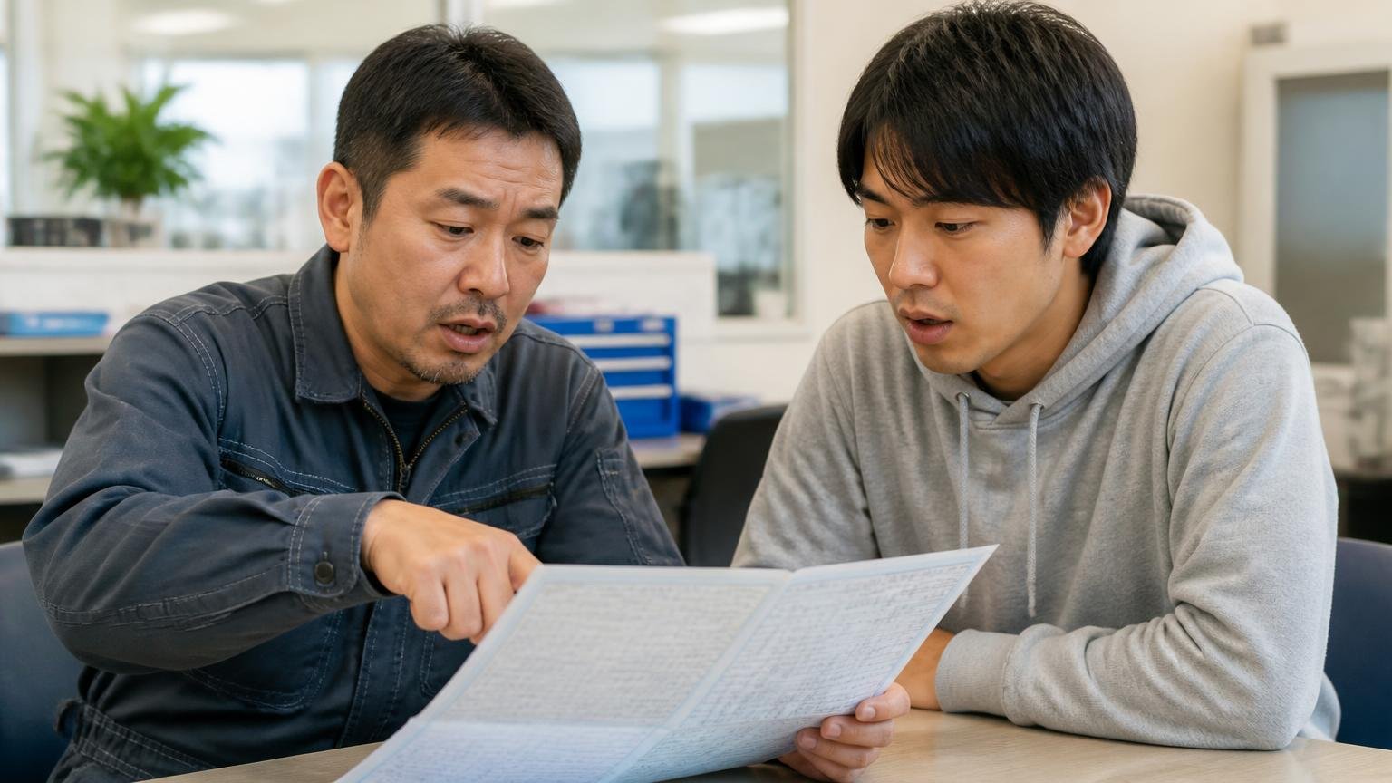 自動車NOx・PM法の対策地域に奈良県は入っていない 事務所で車検証を広げ、排出ガスの欄を指さして確認する中年の整備士と若いドライバー