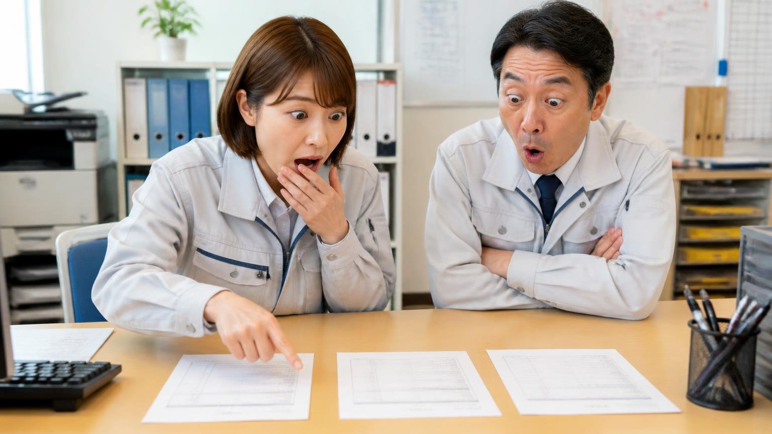 1社だけで決めない|事務所で3枚の見積書を机に並べて見比べ驚く運送会社の事務担当の女性と上司