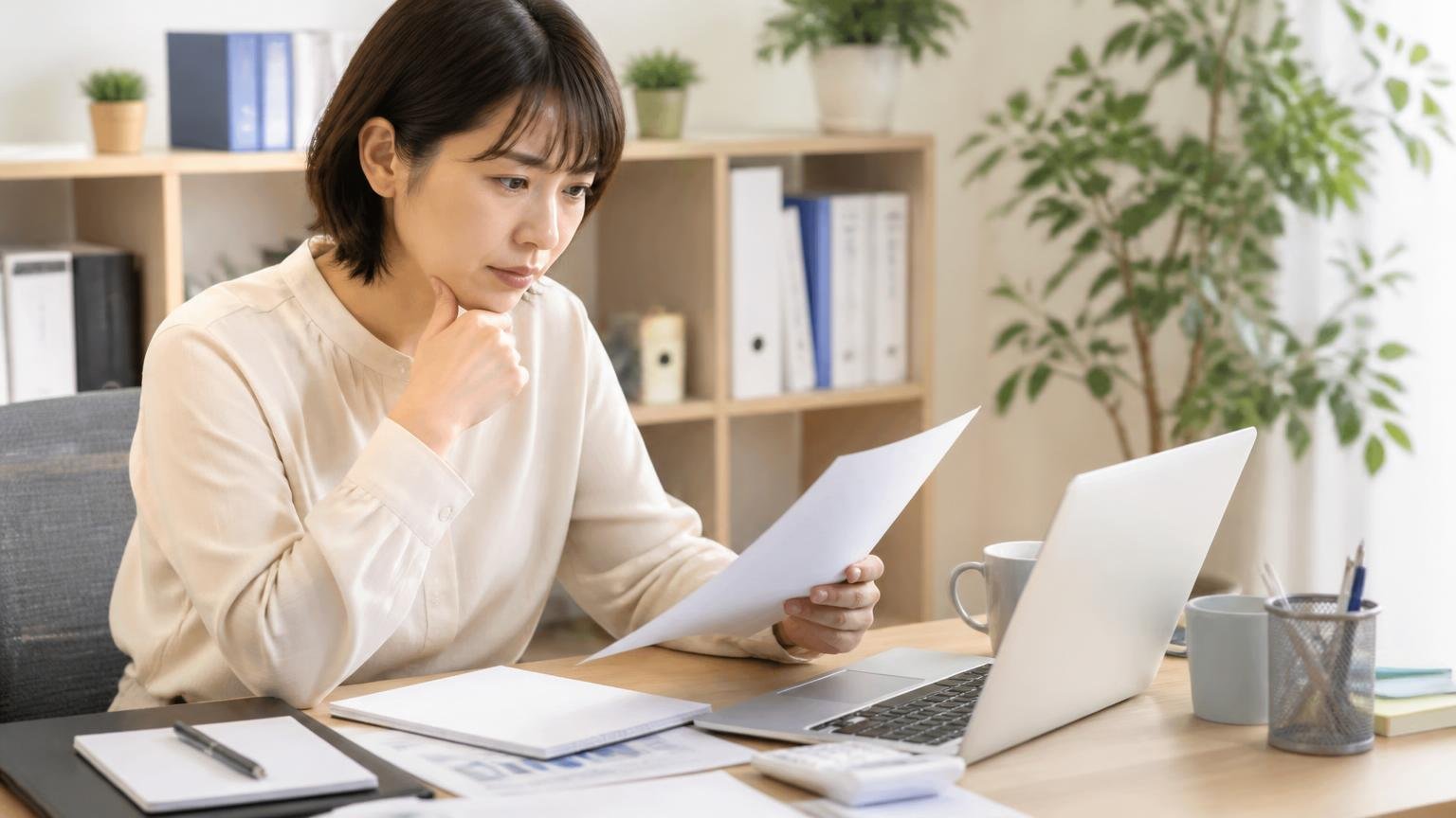 口コミが少ない会社の実在性を確かめる3つの方法、パソコンで公的サイトを照合する事務机、女性1人、画面と書類を交互に確認する