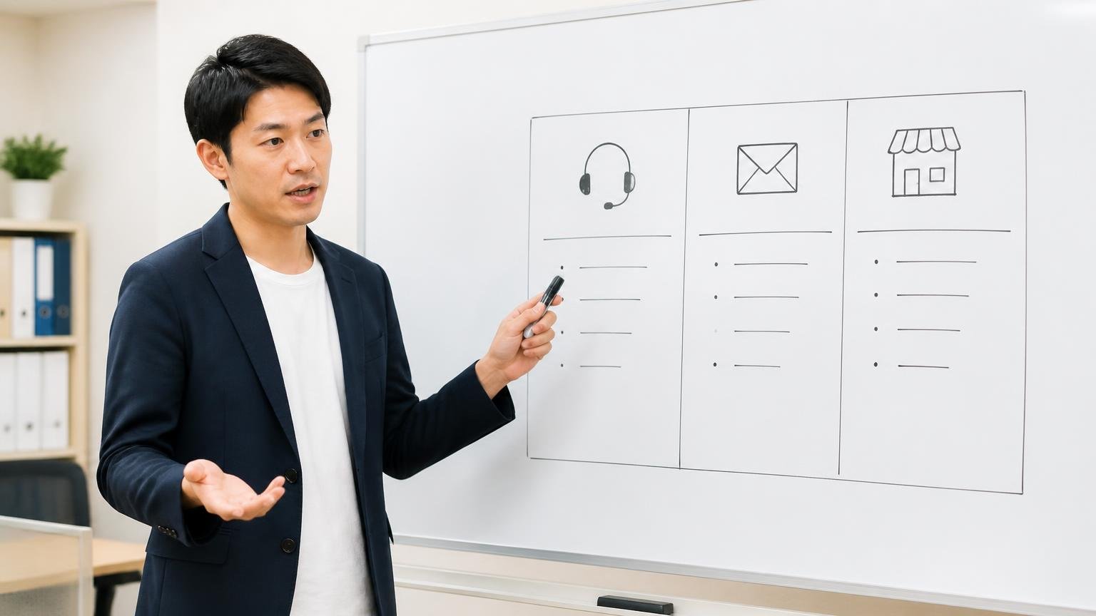 悪い口コミを読むときはどの窓口の話かで分ける 事務所のホワイトボードに窓口を書き分けて説明する男性1人