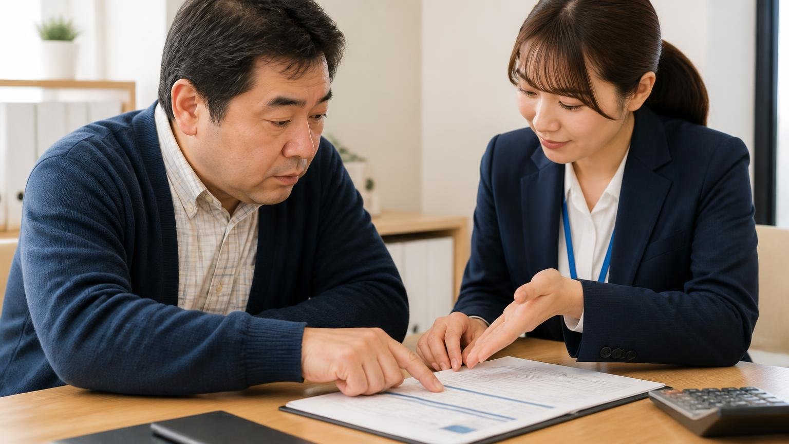 無料の範囲を確認する。事務所のテーブルで見積書の項目を指でなぞる男性と、説明する女性スタッフ