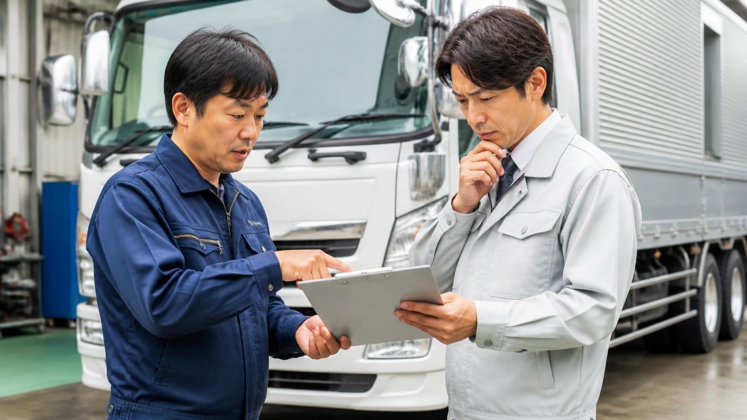 査定当日に必ず聞く5つのこと。車庫でトラックの前に立ち見積書を手に質問する男性2人