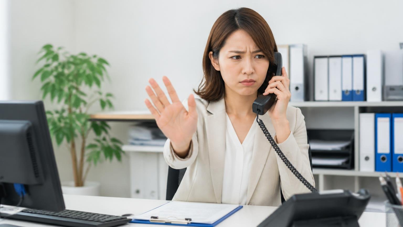 営業電話を止めたいときの伝え方。事務所で電話を手に断る仕草をする30代女性1人