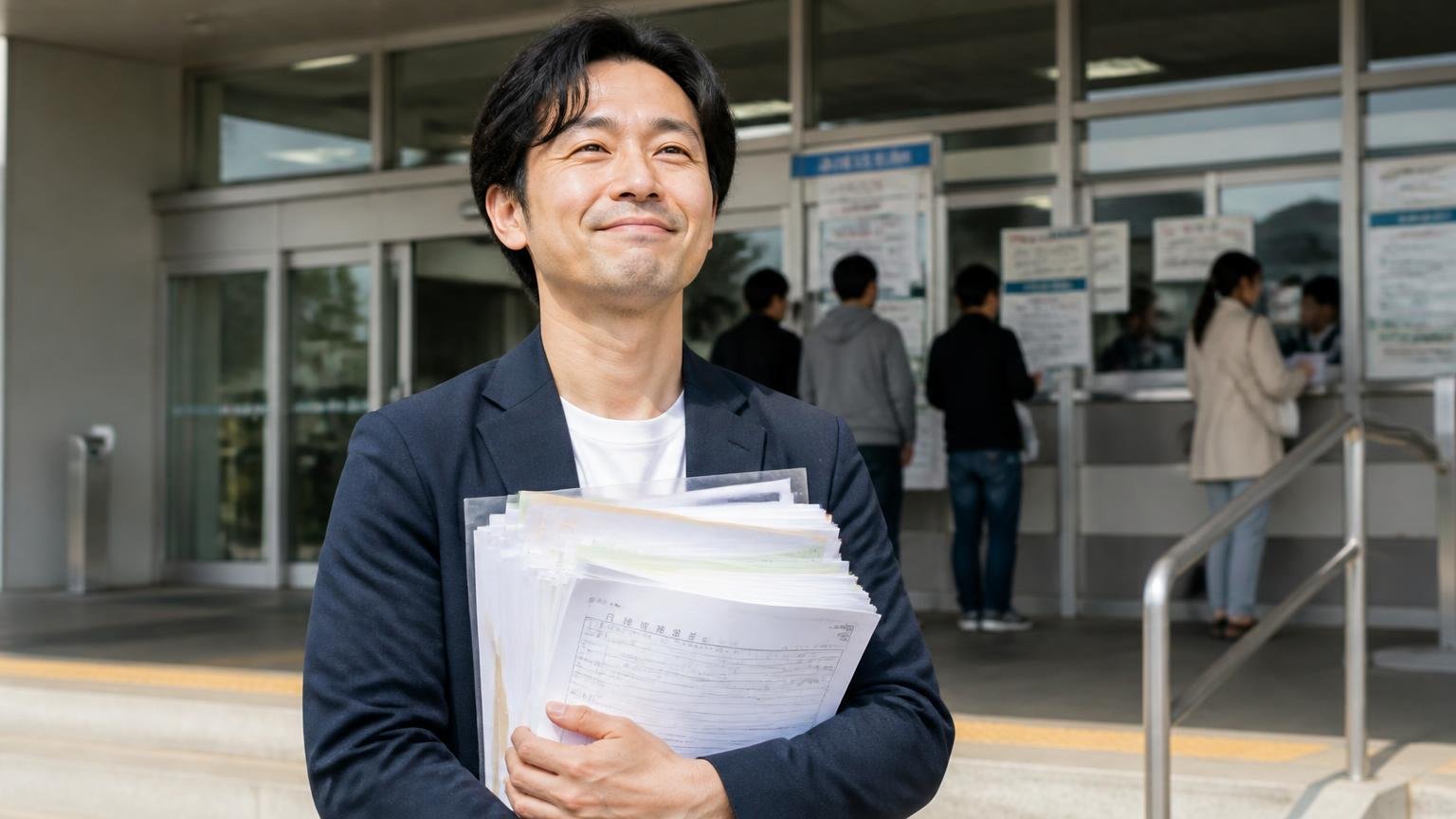 名義変更と書類と入金とリサイクル料金の確認、運輸支局の窓口前で書類の束を抱えた男性1人が安堵の表情