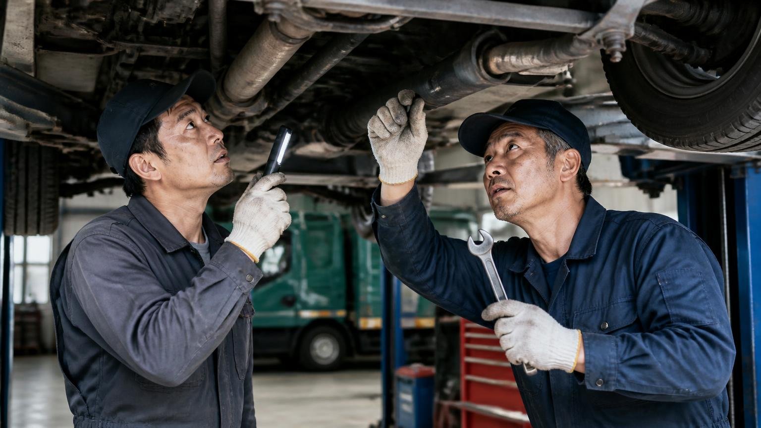 自社で解体と整備の許可を持っていることの意味 整備工場でトラックの下回りを点検する場面 男性2人 工具を手に真剣な表情