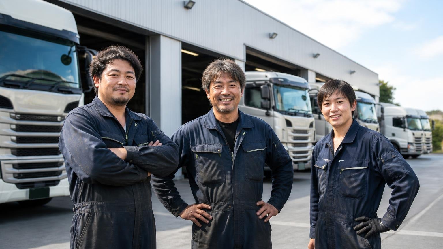 スカニアジャパンの正規サービスディーラーとして掲載。大型トラックが並ぶ工場前の屋外。作業着の整備士3人が誇らしげに立つ