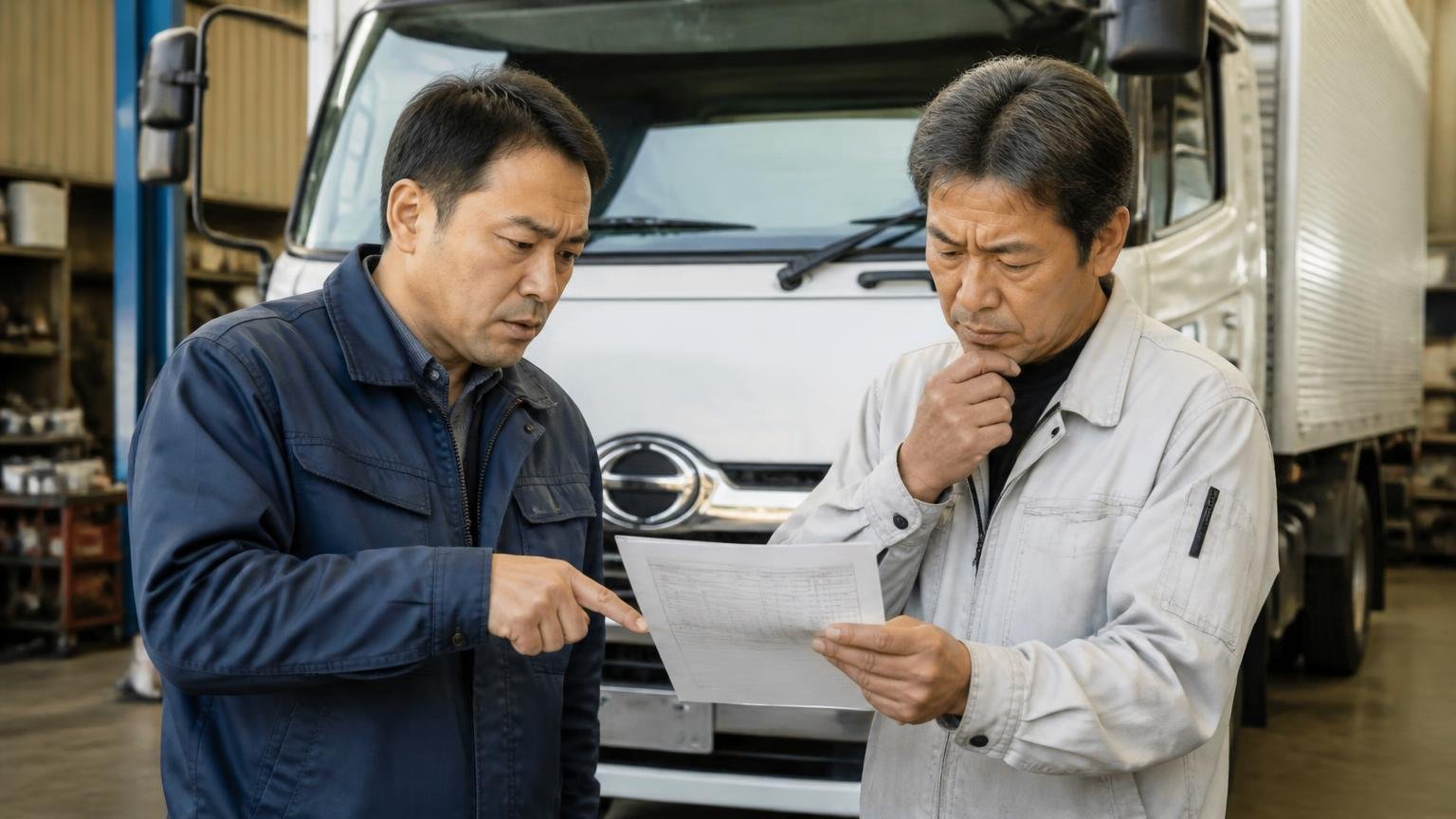 見積書の内訳と減額の条件を確認する 車庫でトラックの前に立ち書面の見積書を指さして質問する男性2人