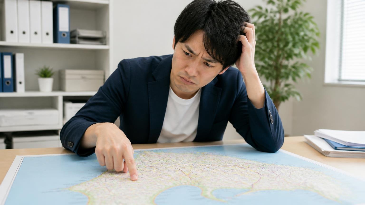 向いていない人はエリアが遠い人や条件を先に確定したい人。事務所で地図を指さす男性1人が困った顔