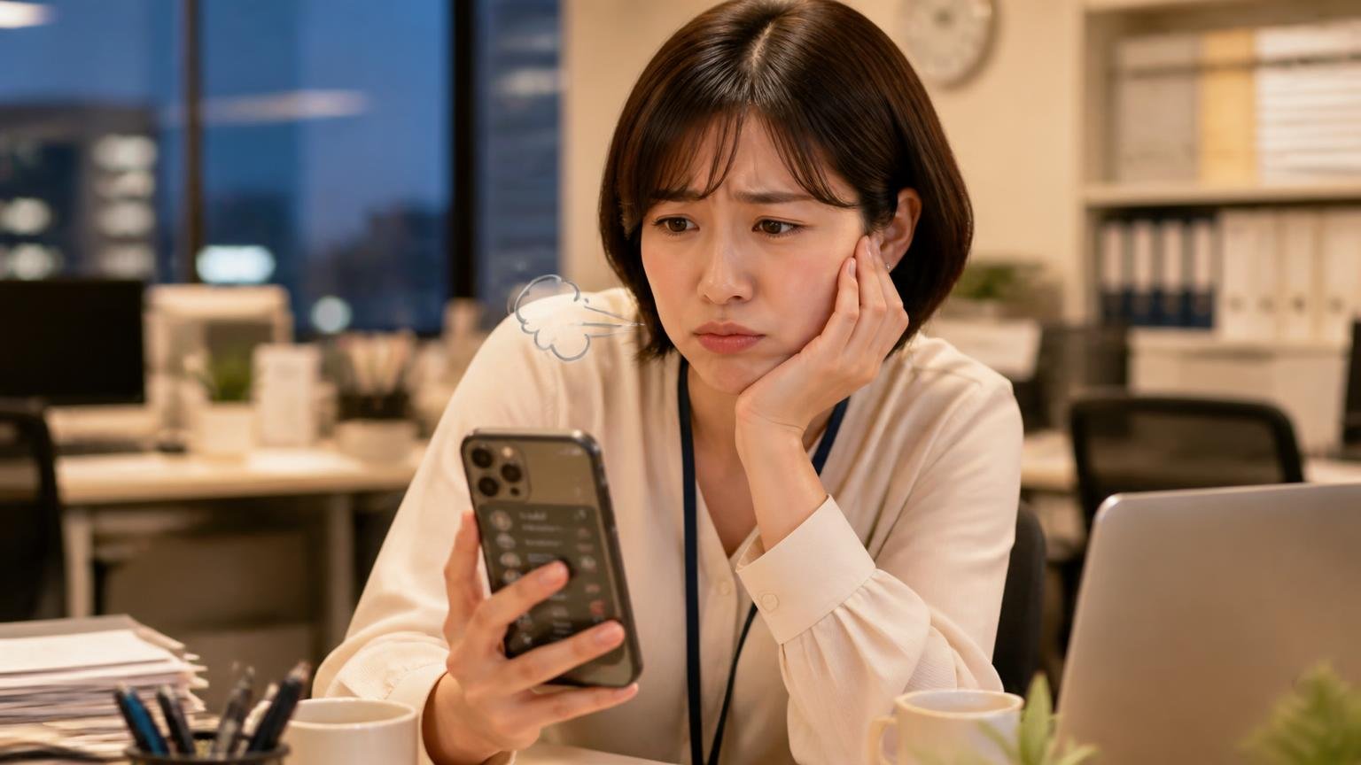 連絡が来ないという不満とその確実な対策 夕方の事務所でスマホの着信履歴を見る場面 女性1人 ため息をつく