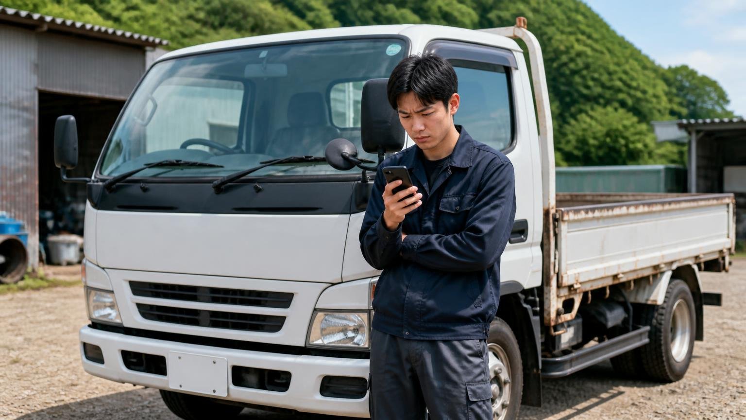 向いていない人|売るだけ・遠方・条件を先に書面で知りたい人、地方の車庫で2tトラックの横に立ちスマホを見る20代男性