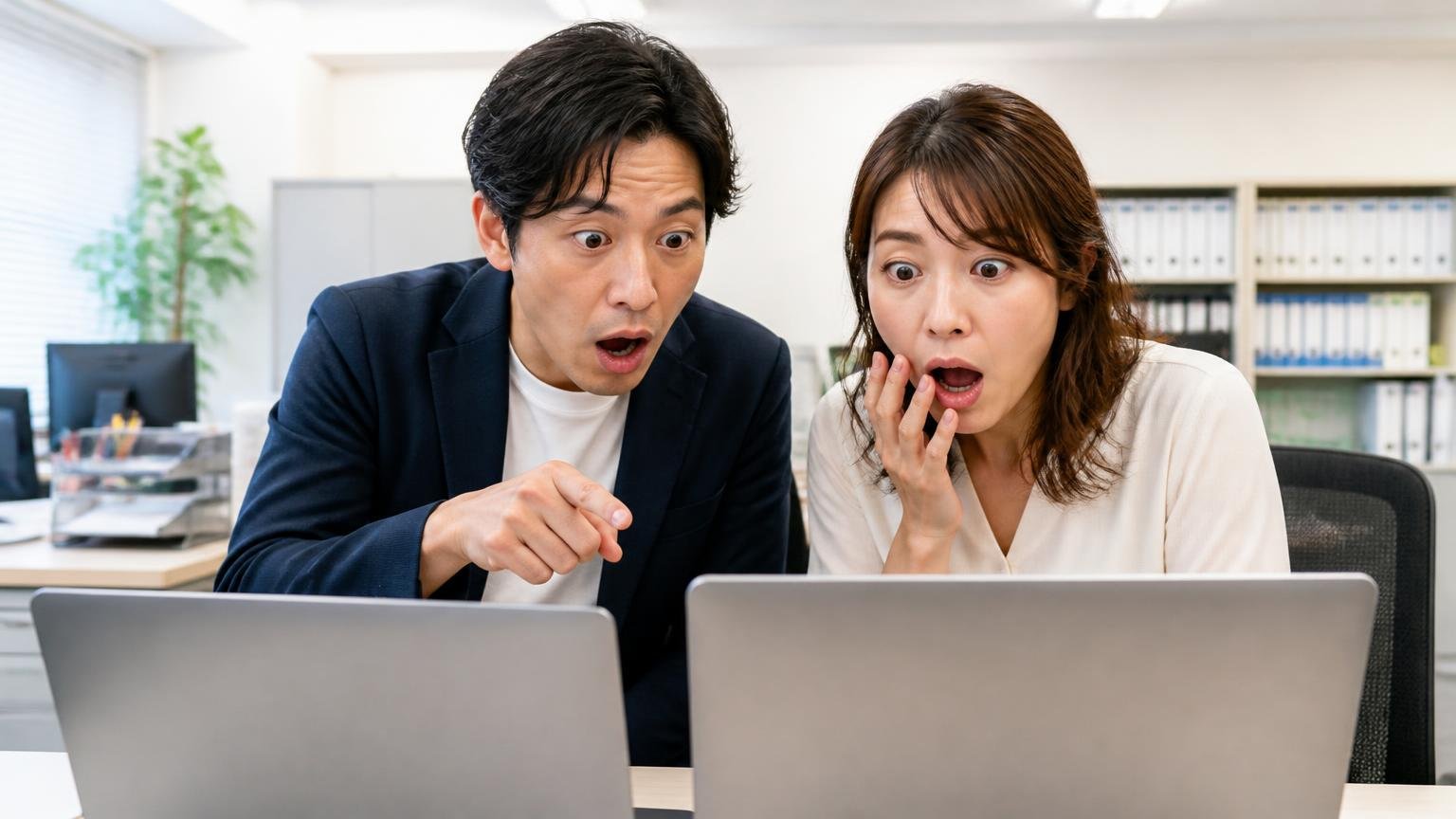 ヤフオク!の評価は「出品者です」「落札者です」で意味が逆になる 事務所で2台のパソコン画面を見比べ、驚いて目を丸くする男女2人