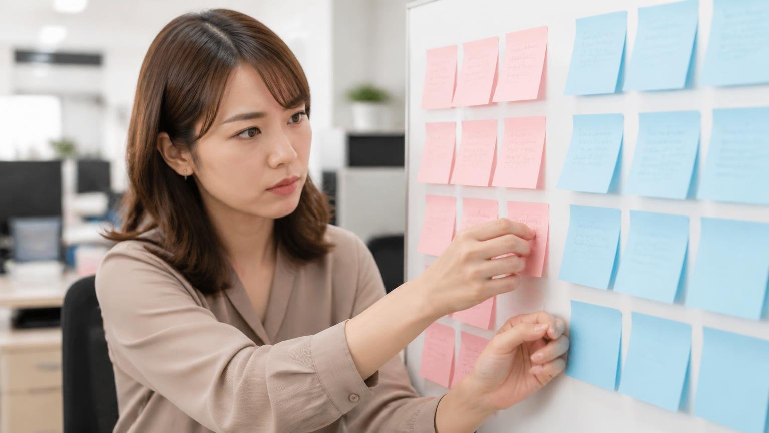 「金額の不満」と「対応の不満」は分けて読む、事務所で2色の付箋に口コミを書き分けて貼る30代女性1人が真剣な表情