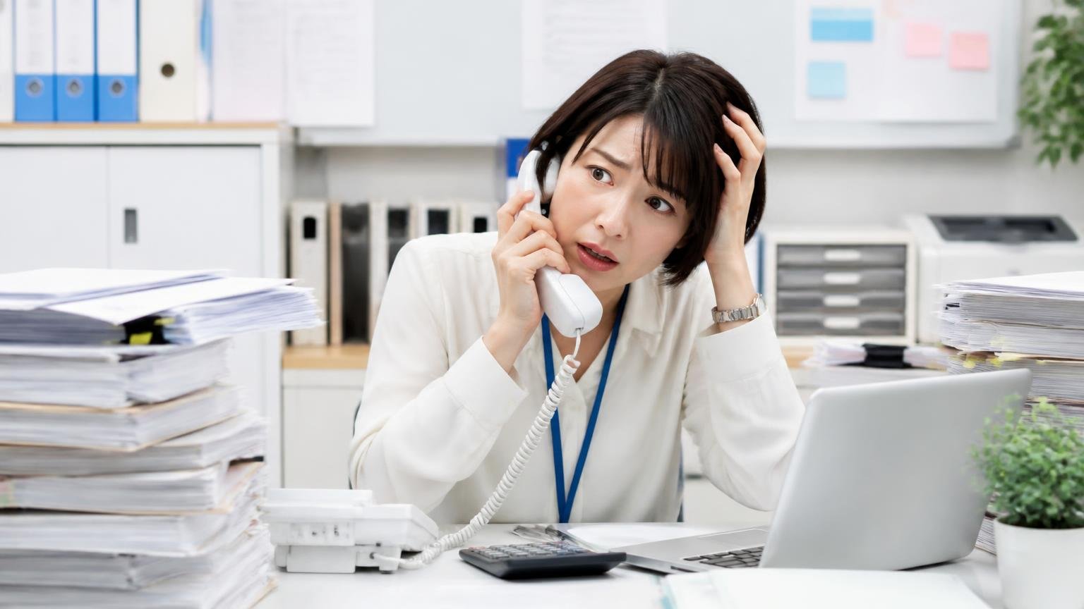 向いていない人:売った人の口コミで確かめたい人、今週中に現金が必要な人、事務所で請求書の束を前に電話する場面、経理担当の女性1人、焦った表情