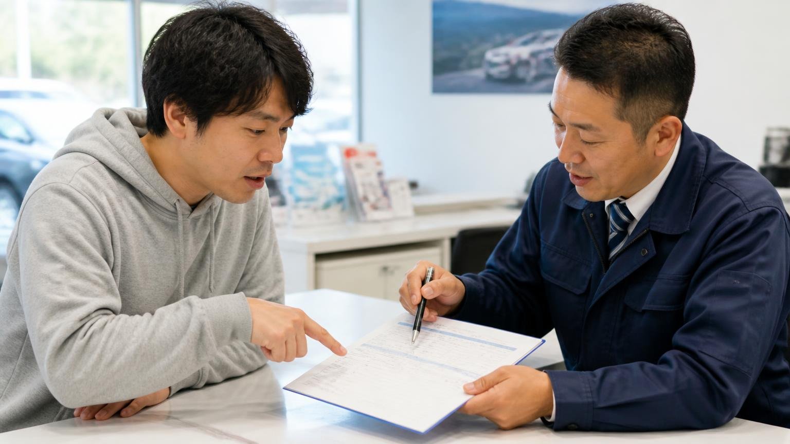 見積もりは書面で受け取り、減額の条件と「無料の範囲」を確かめる、営業所のカウンターで見積書を指さし質問する男性と説明する査定員、2人