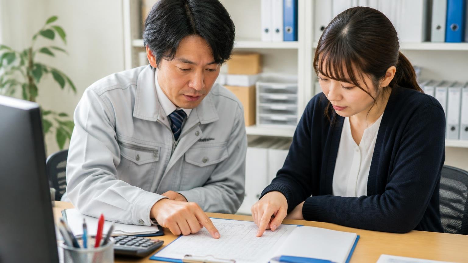 見積書のチェックポイント 事務所の机で見積書の項目を指でなぞりながら確認する男女2人